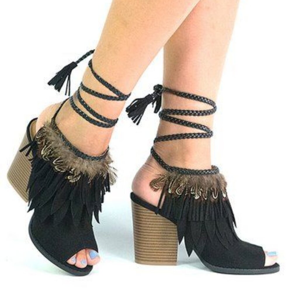 Qupid Black Feather Barnes Lace-Up Sandal